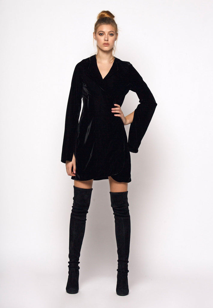 Velvet Wrap Front Blazer Dress With Slit Sleeves - NARRO