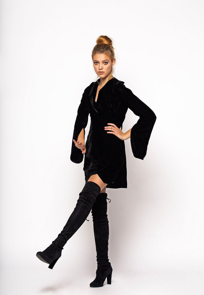 Velvet Wrap Front Blazer Dress With Slit Sleeves - NARRO