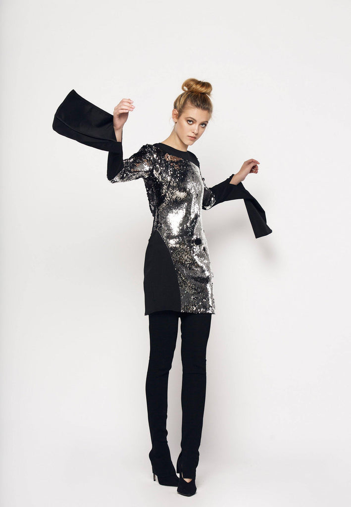 Sequin Short Dress With Elongated Sleeves - NARRO