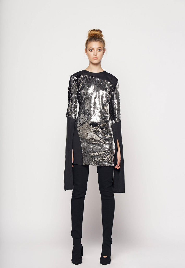 Sequin Short Dress With Elongated Sleeves - NARRO