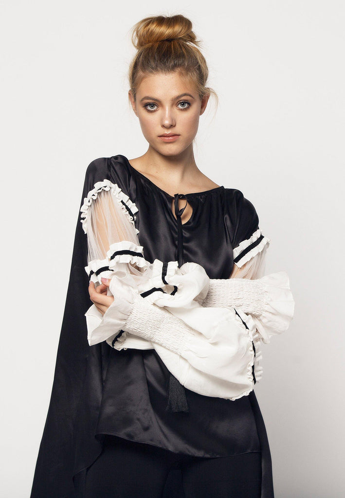 Satin Blouse with Frilled Tulle Sleeves in Black White - NARRO