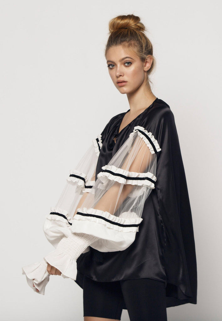 Satin Blouse with Frilled Tulle Sleeves in Black White - NARRO