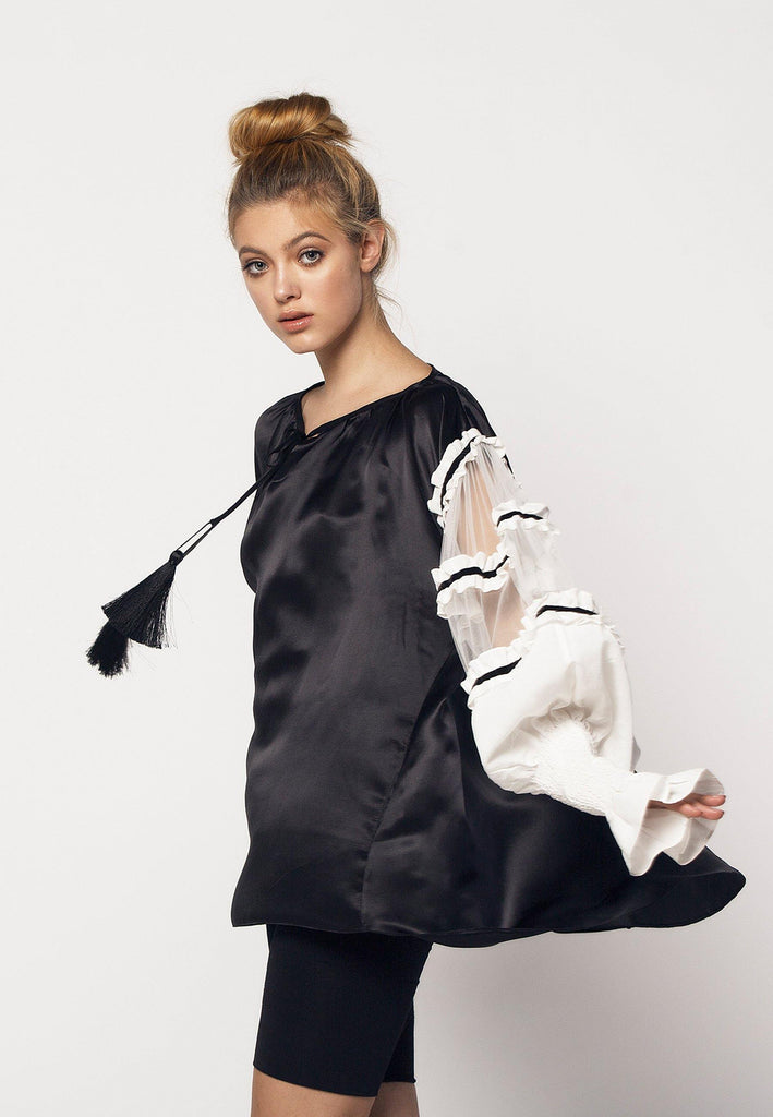 Satin Blouse with Frilled Tulle Sleeves in Black White - NARRO