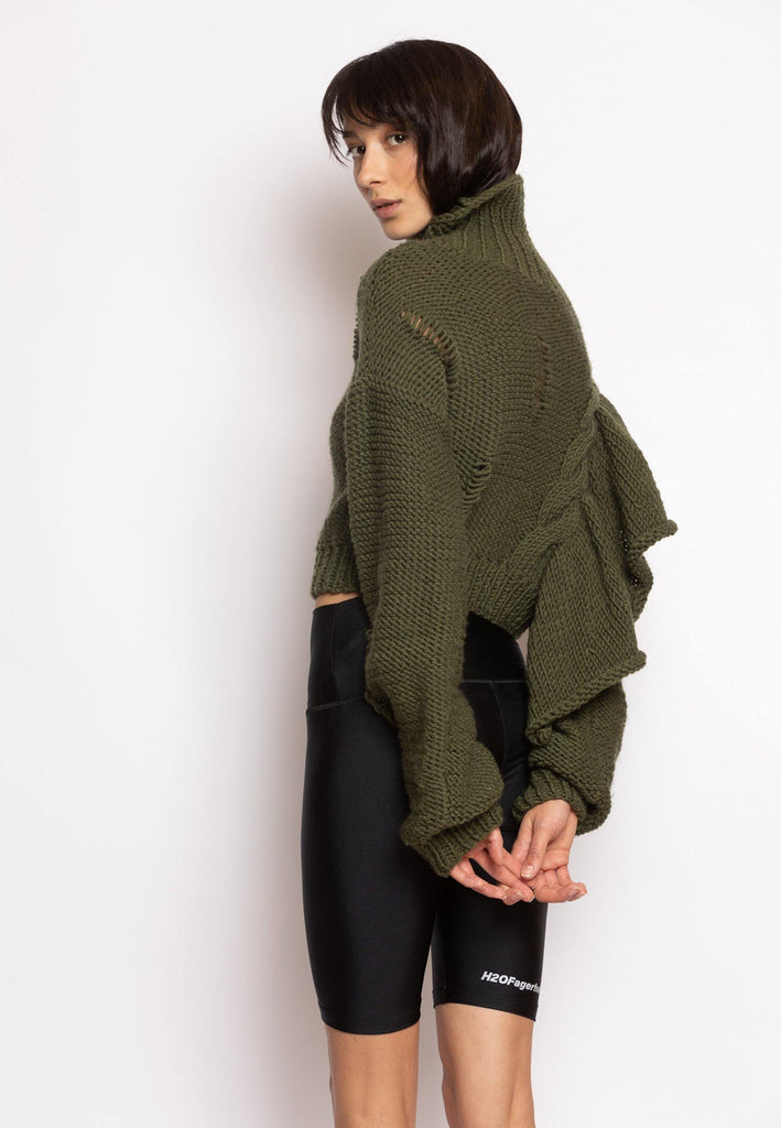 Cropped Knitted Turtleneck Sweater Khaki - NARRO