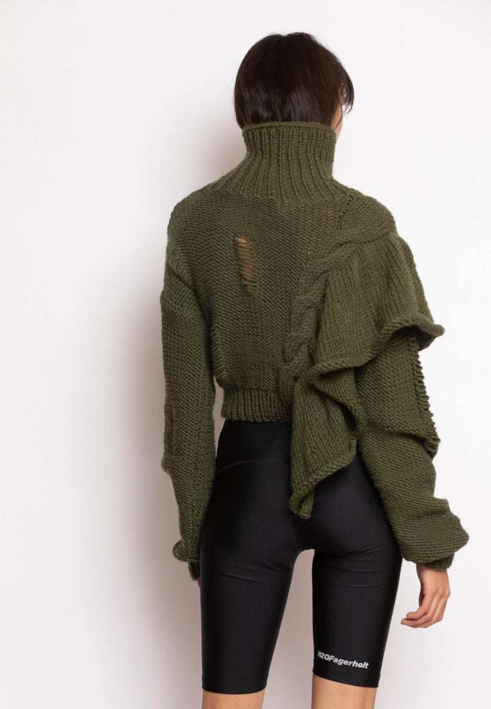 Cropped Knitted Turtleneck Sweater Khaki - NARRO