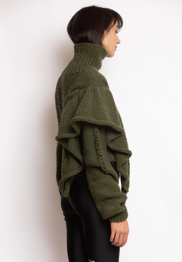 Cropped Knitted Turtleneck Sweater Khaki - NARRO