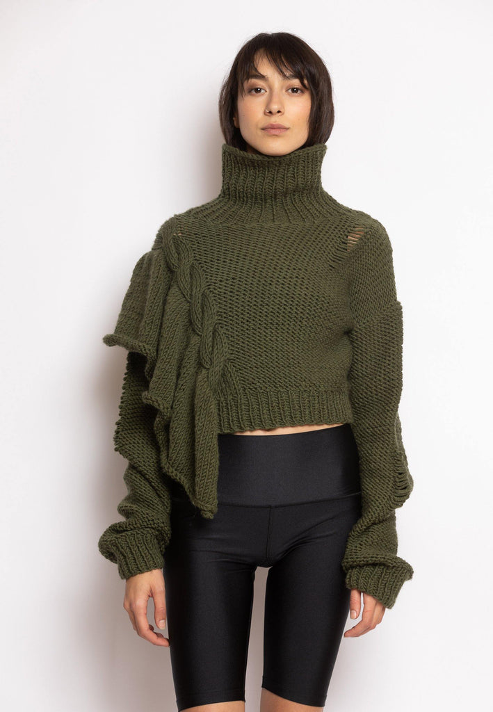 Cropped Knitted Turtleneck Sweater Khaki - NARRO