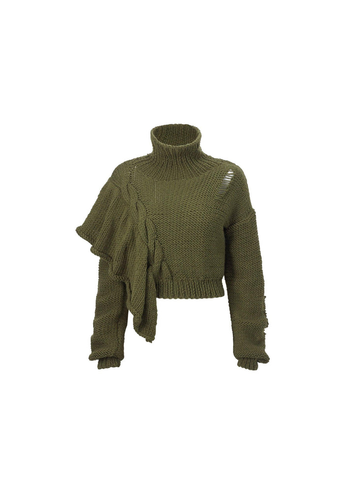 Cropped Knitted Turtleneck Sweater Khaki - NARRO