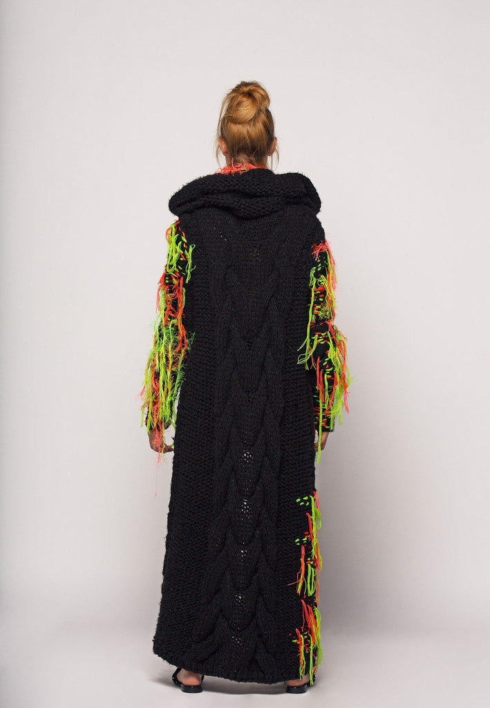 Embroidered Wool Long Hooded Cardigan - NARRO