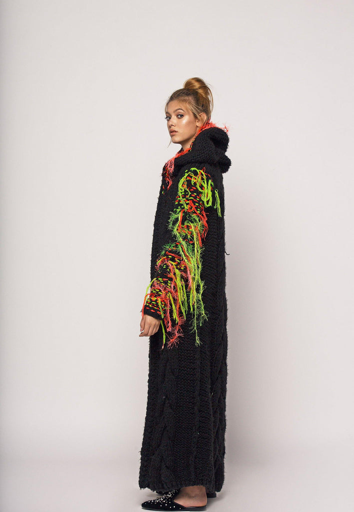 Embroidered Wool Long Hooded Cardigan - NARRO